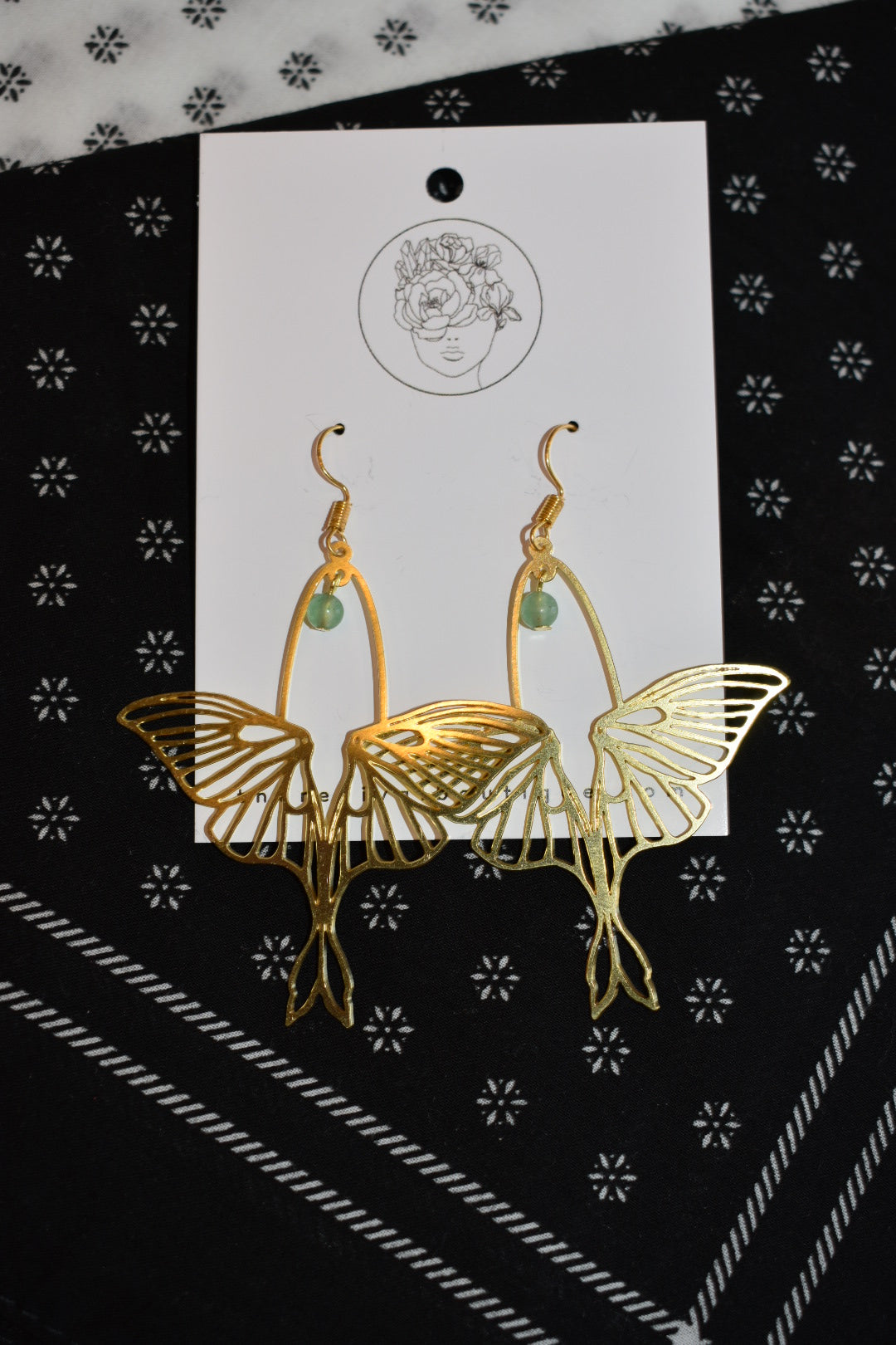gold lunar moth earrings with aventurine bead nickel free the revival