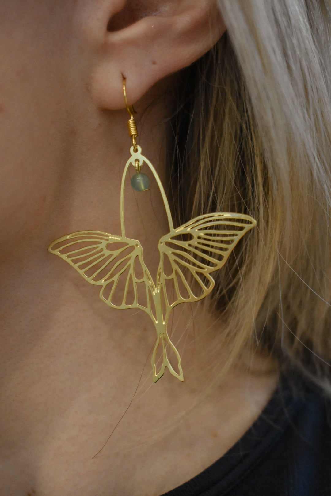 gold lunar moth earrings with aventurine bead nickel free the revival