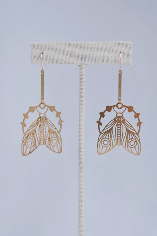 brass moon phase and lunar moth lightweight boho statement earrings