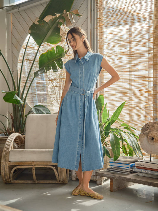 Aaron & Amber - AJD5696 CAP SLEEVE BELTED BUTTON DOWN MIDI DRESS