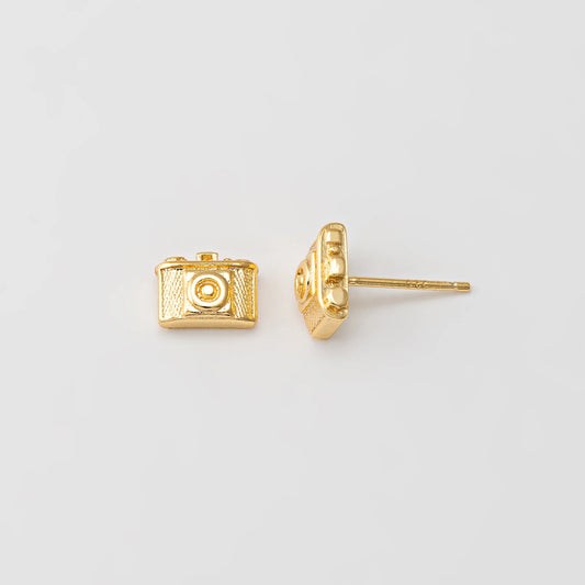 gold plated dainty camera stud earrings photographer gift