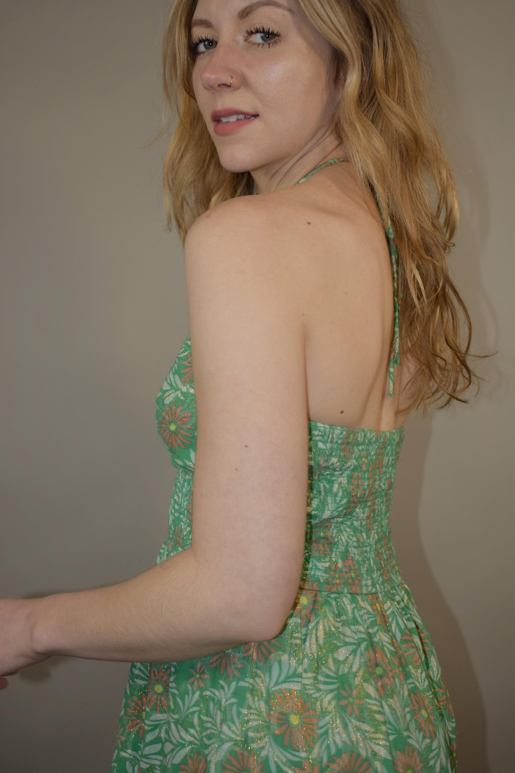 floral halter maxi dress with double v and smocked bodice gold thread tiered skirt event dress