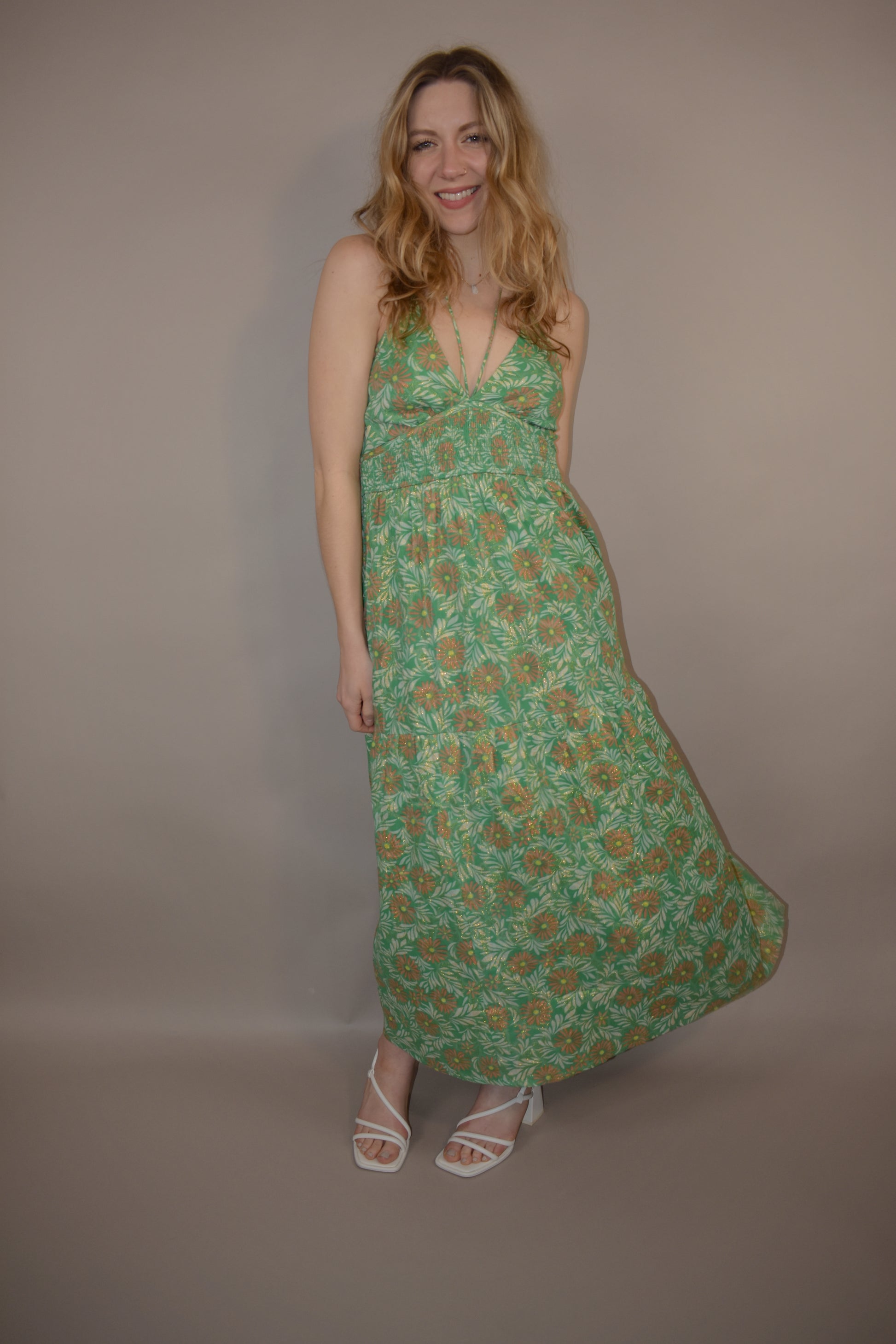 floral halter maxi dress with double v and smocked bodice gold thread tiered skirt event dress
