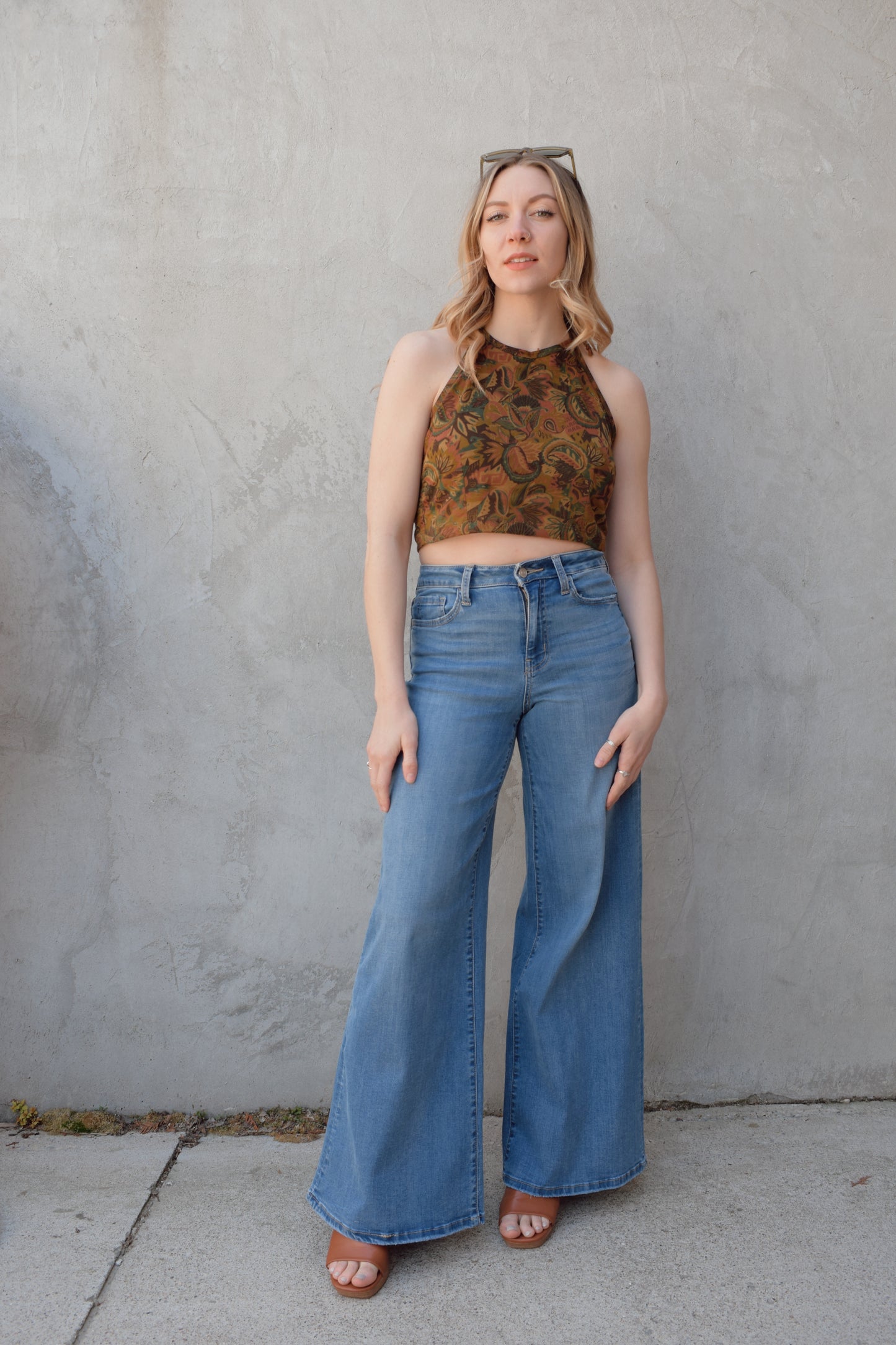 retro paisley halter tie tank top cropped with stretch rushing panel on back