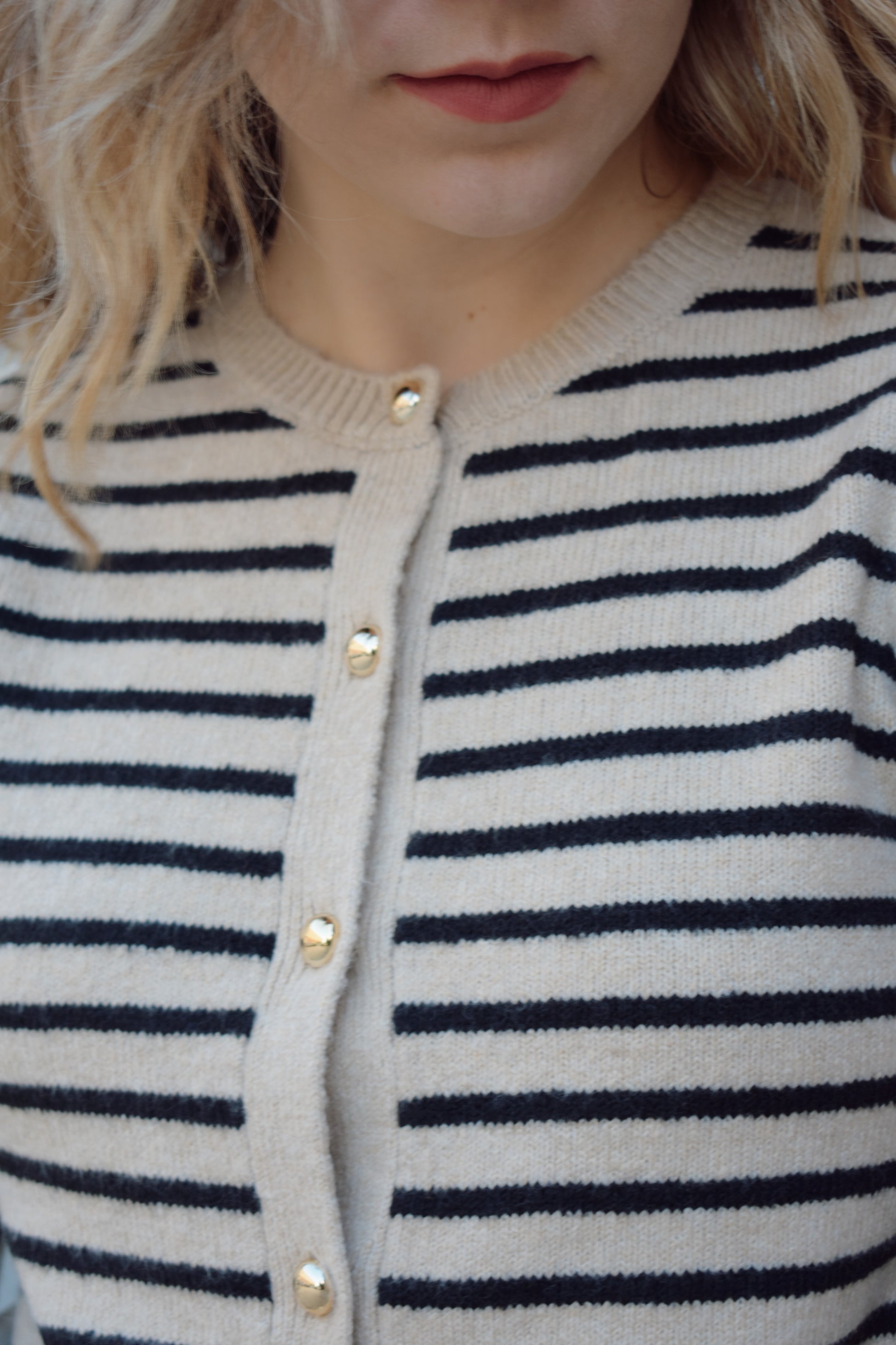 horizontally striped cardigan sweater with gold buttons fitted crew neck