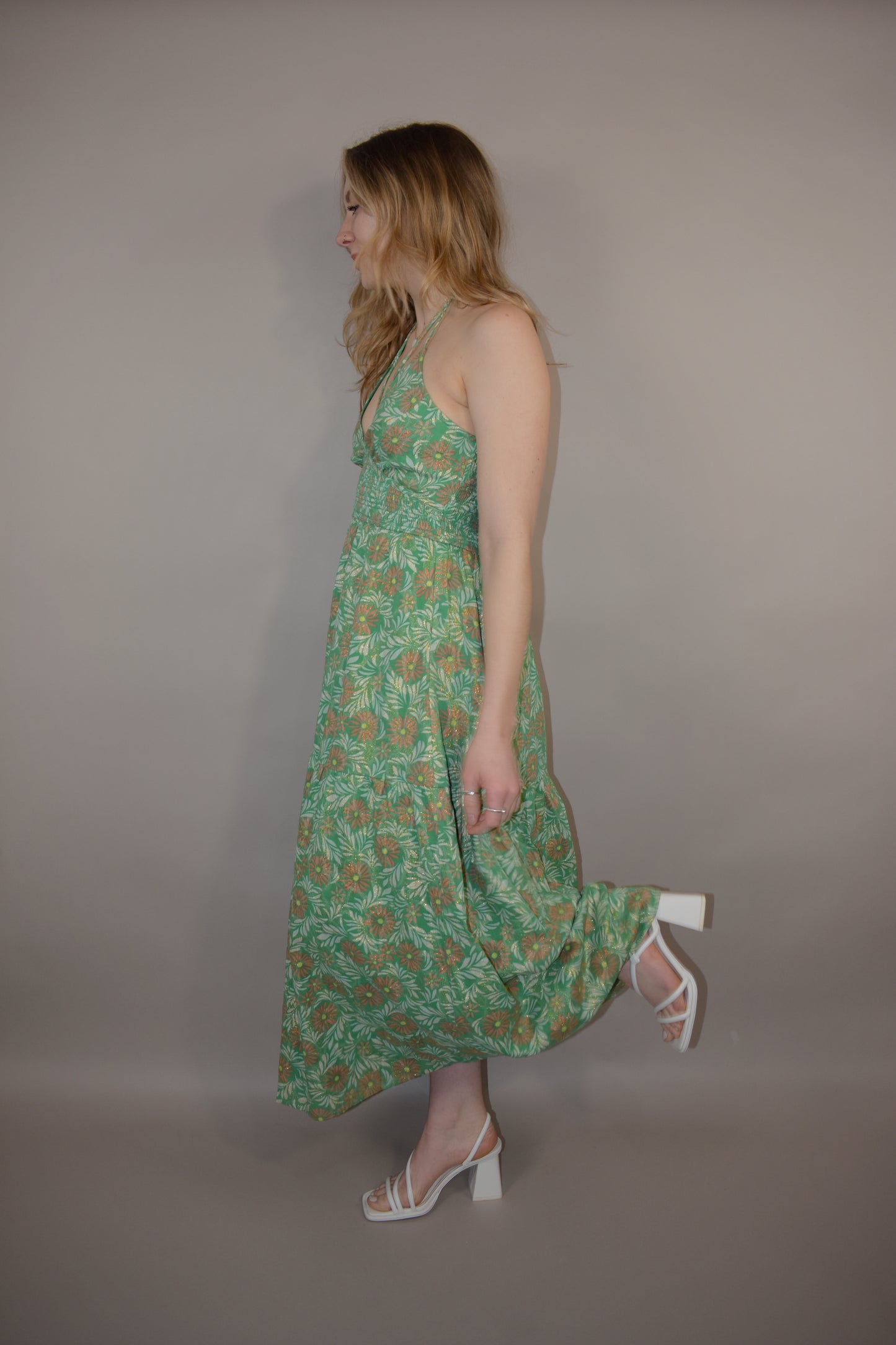 floral halter maxi dress with double v and smocked bodice gold thread tiered skirt event dress