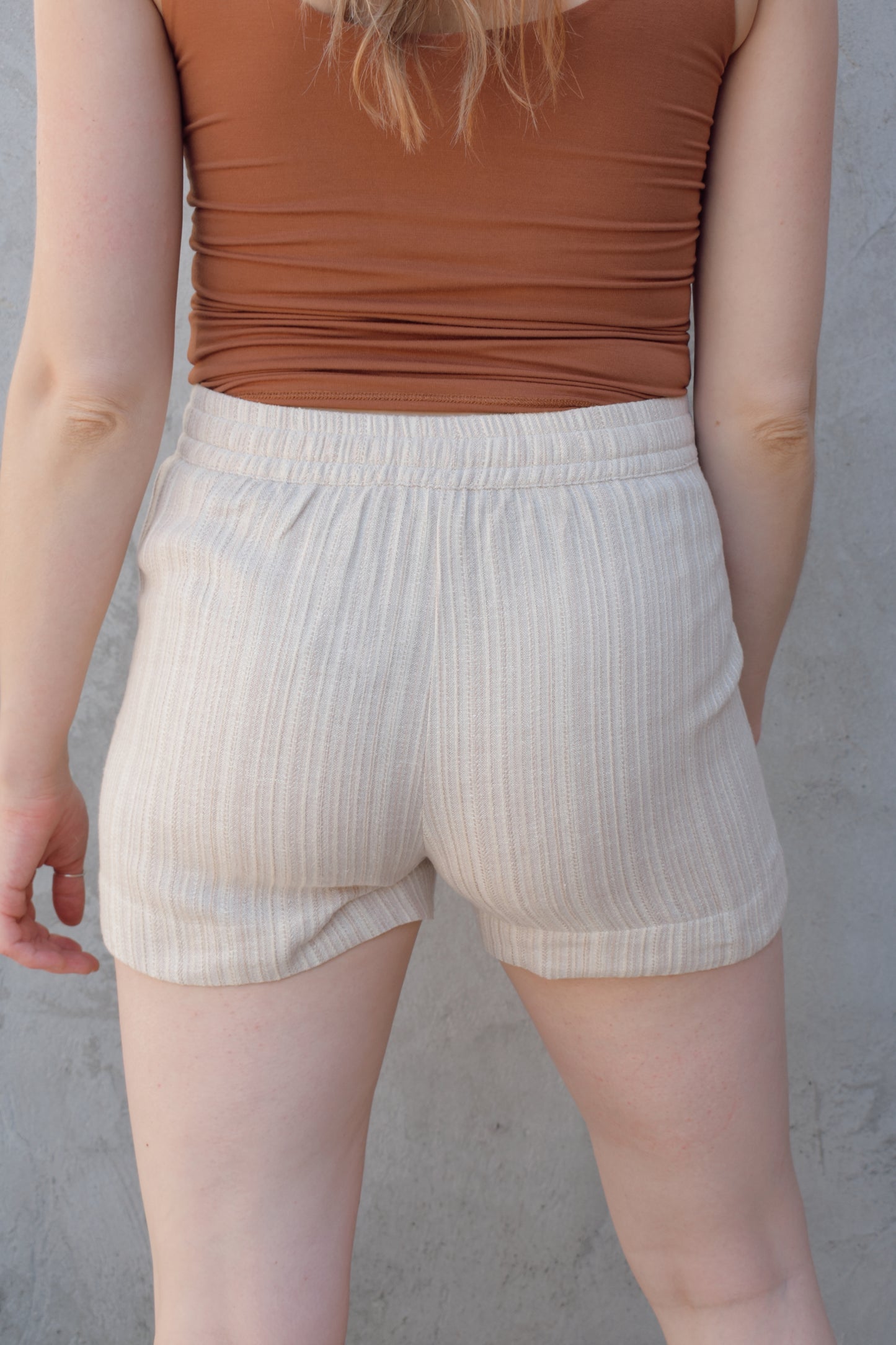 linen blend stripe textured drawstring shorts with front pockets fitted