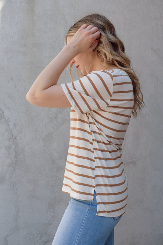 v neck short sleeve relaxed tee full length with slight high low effect with small slit on sides, horizontal stripes