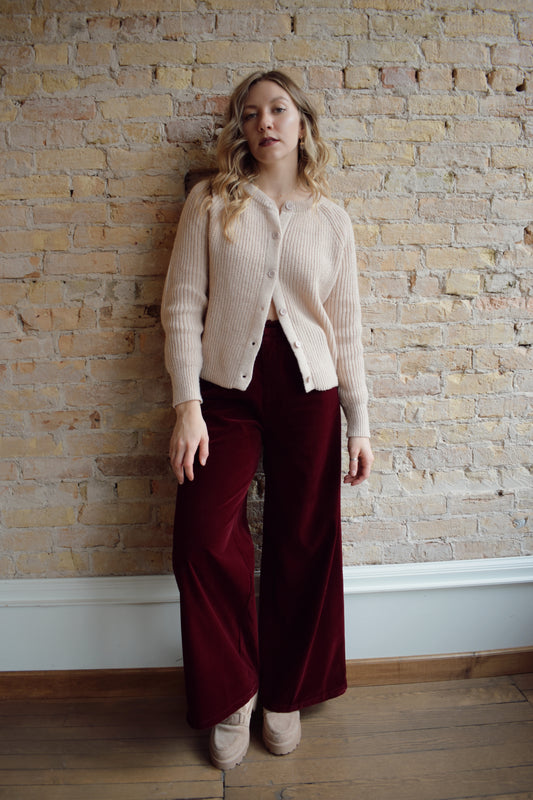 crew neck ribbed button down sweater cardigan light pink cream color matching buttons relaxed straight fit