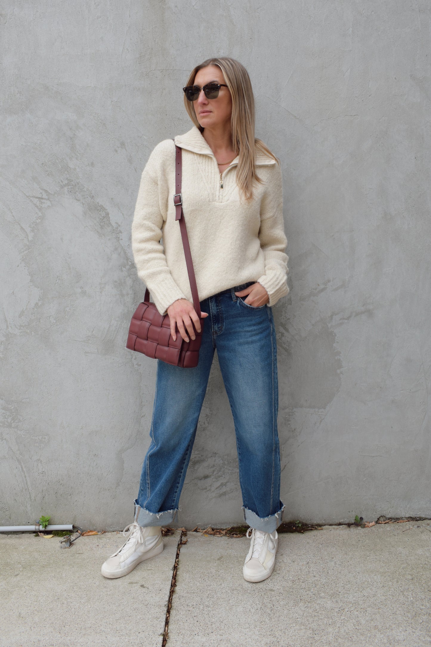 cozy knit blend quarter zip sweater with fold over collar, ribbed hem, full length and loose fit, drop shoulders