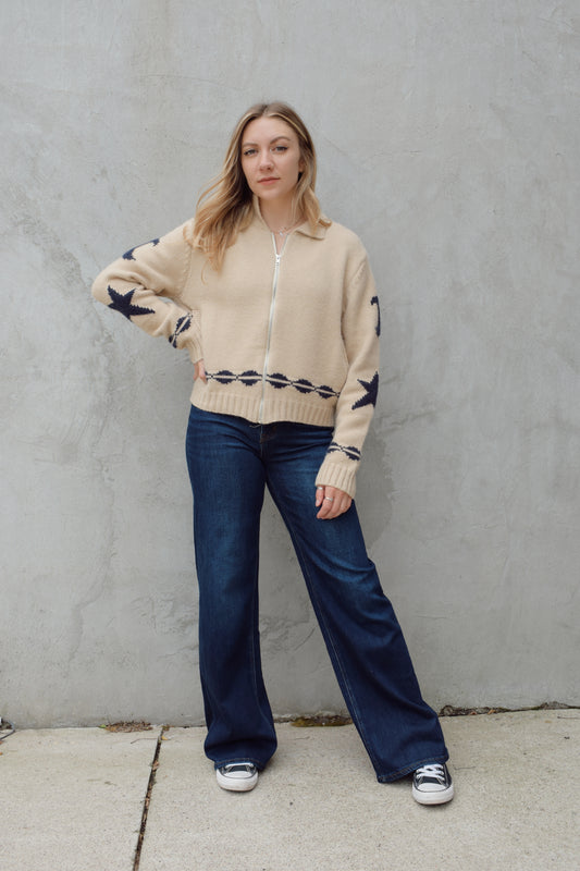 dark wash high rise full length wide leg jeans stretch denim no holes clean hem zip and button enclosure front and back pockets has beltloops