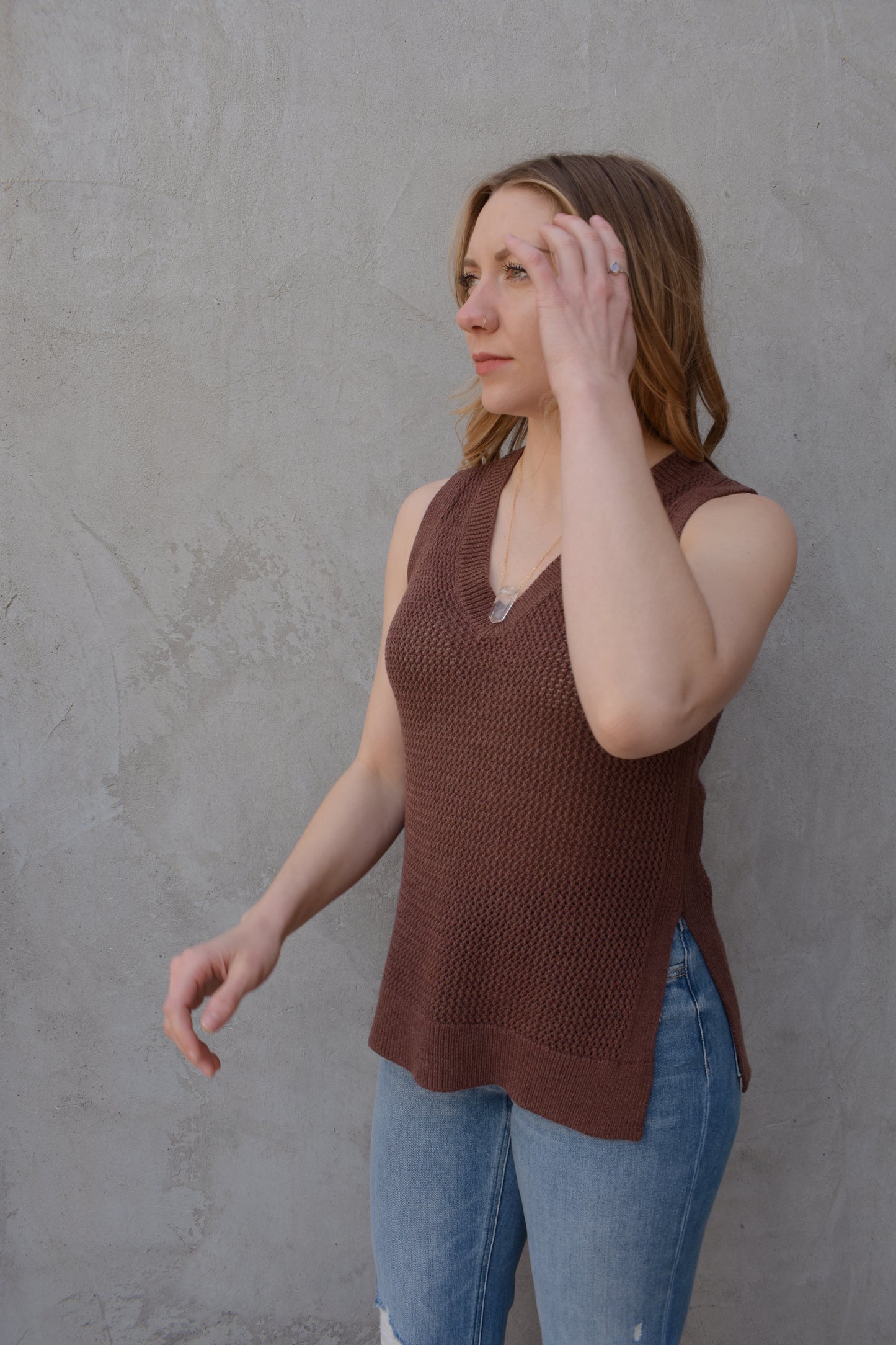 varsity knit sweater tank lightweight v neck side slits full length loose straight fit