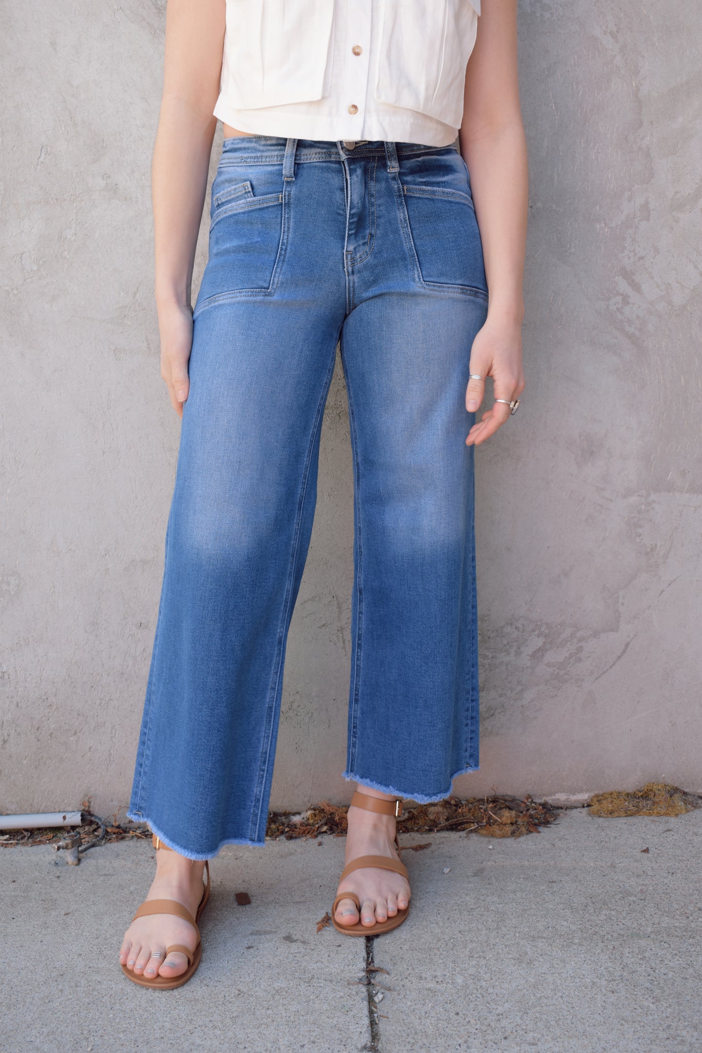 high rise medium wash stretch denim jeans cropped wide leg with retro patch pocket detail no holes has beltloops and back pockets zip and button enclosure