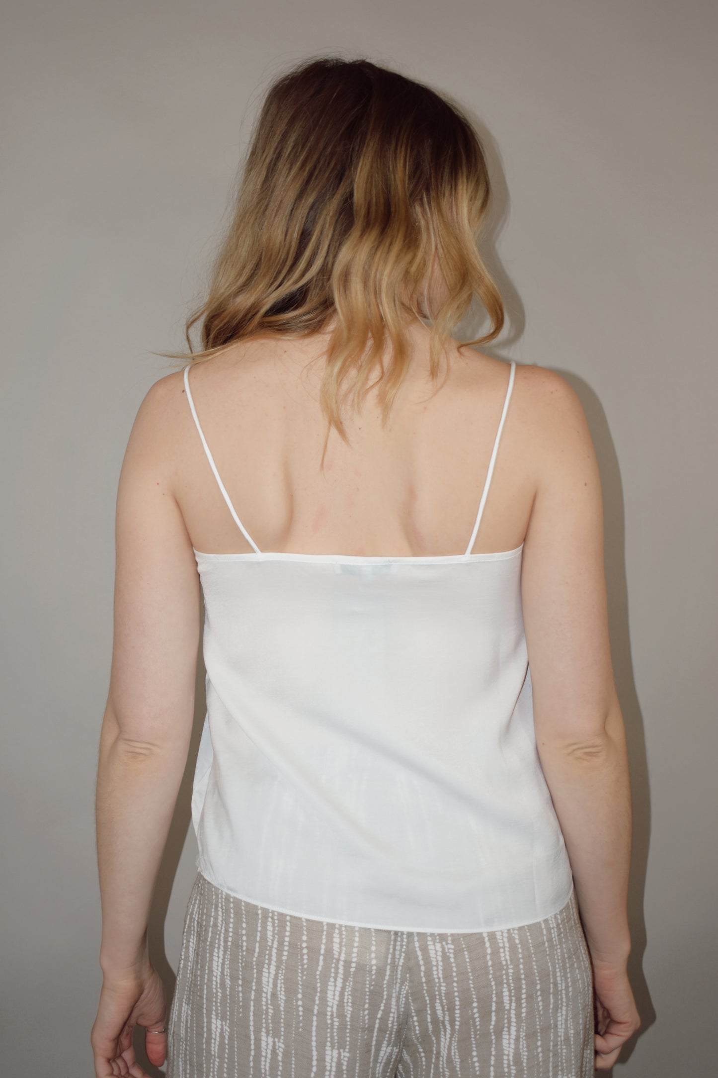 spaghetti strap satin cami full length straight fit with double lace trim along neckline