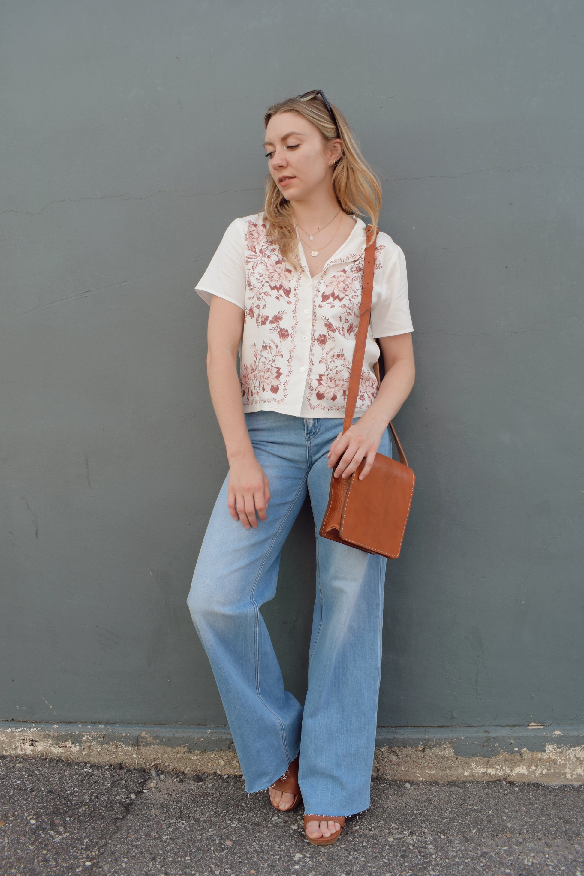 short sleeve off white button down with light maroon printed vintage rose design on front bodice, v neck, relaxed fit