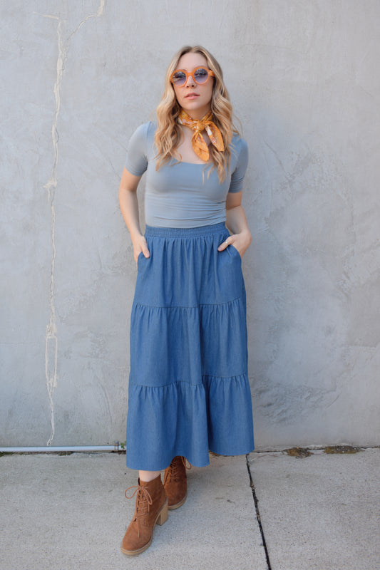 tiered denim skirt