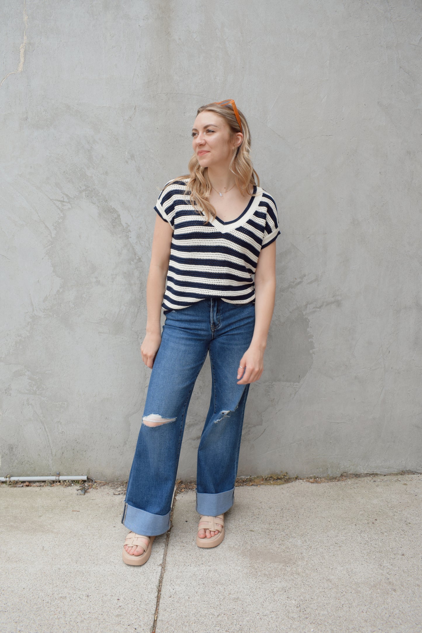 short sleeve v neck crochet sweater top with horizontal stripes, full length relaxed fit, breathable