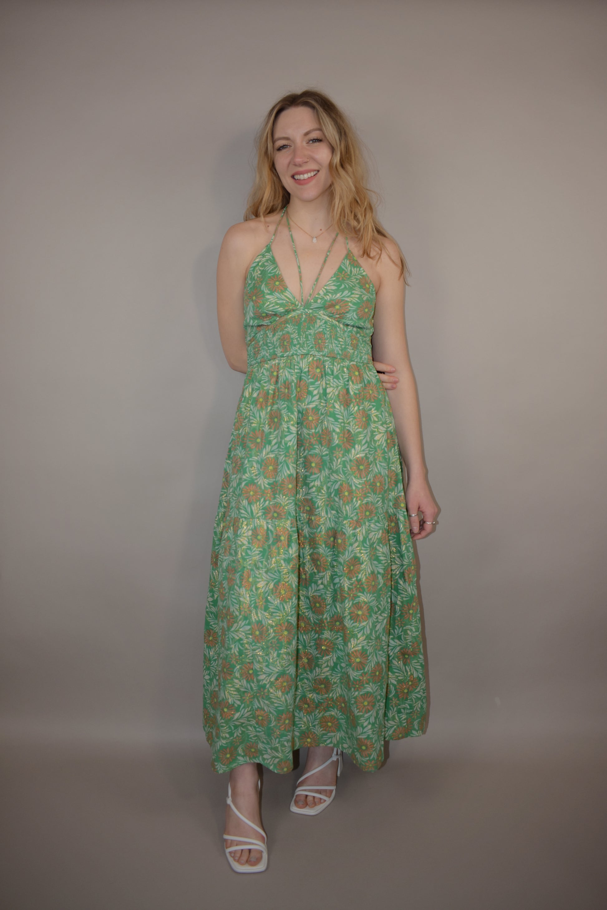 floral halter maxi dress with double v and smocked bodice gold thread tiered skirt event dress