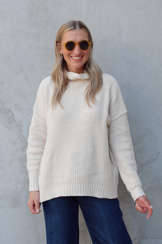 chunky knit sweater oversized drop shoulder loose turtle neck super soft ribbed hem and cuffs