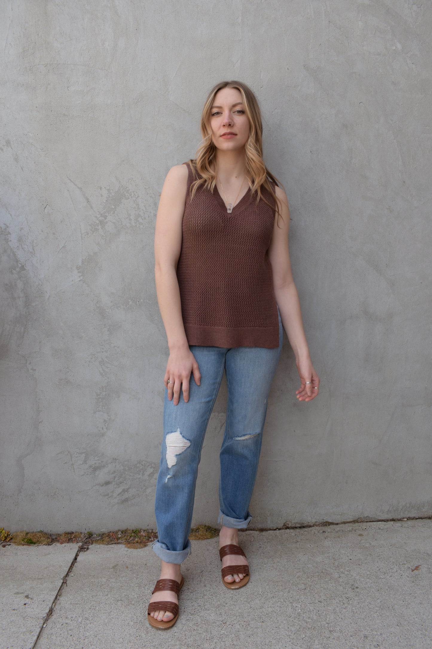 varsity knit sweater tank lightweight v neck side slits full length loose straight fit