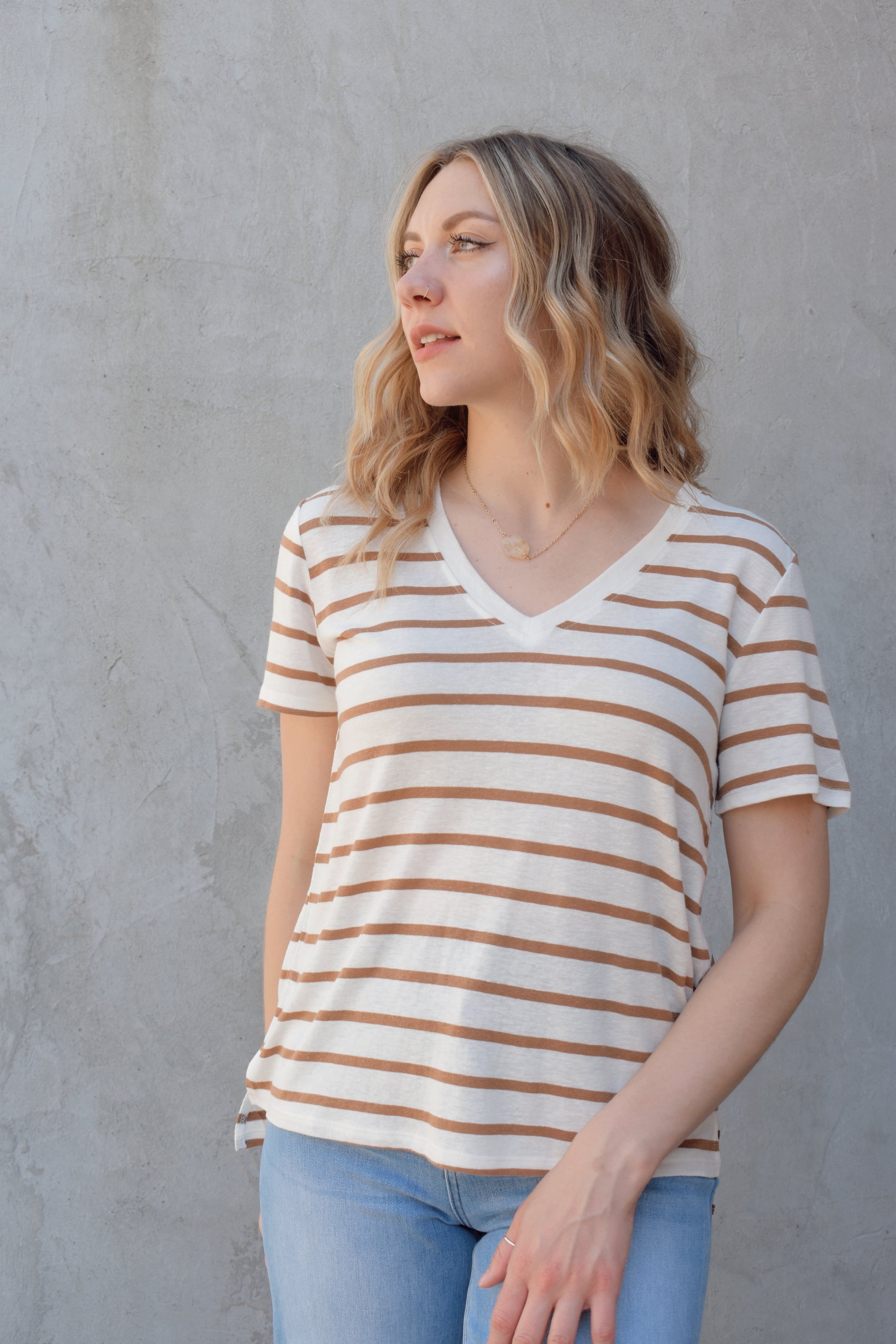 v neck short sleeve relaxed tee full length with slight high low effect with small slit on sides, horizontal stripes