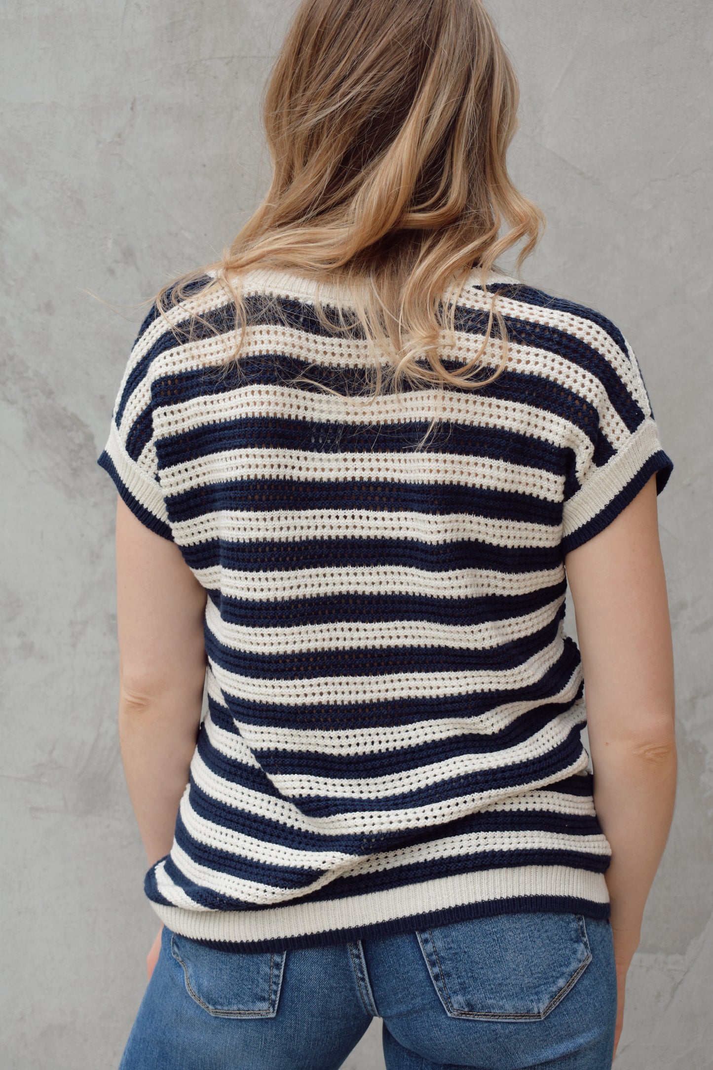 short sleeve v neck crochet sweater top with horizontal stripes, full length relaxed fit, breathable