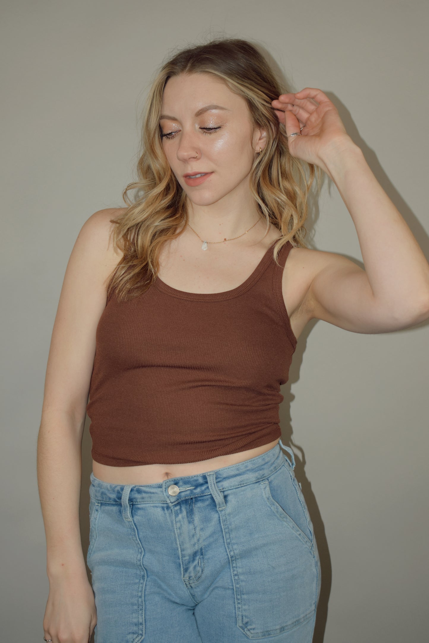 scoop neck cropped basic lightweight ribbed tank fitted