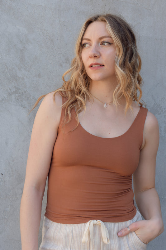 double layered super soft tank top full length fitted scoop neck and scoop back staple piece