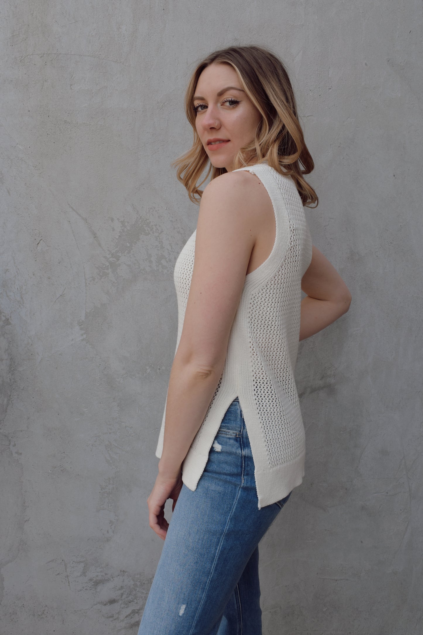 varsity knit sweater tank lightweight v neck side slits full length loose straight fit