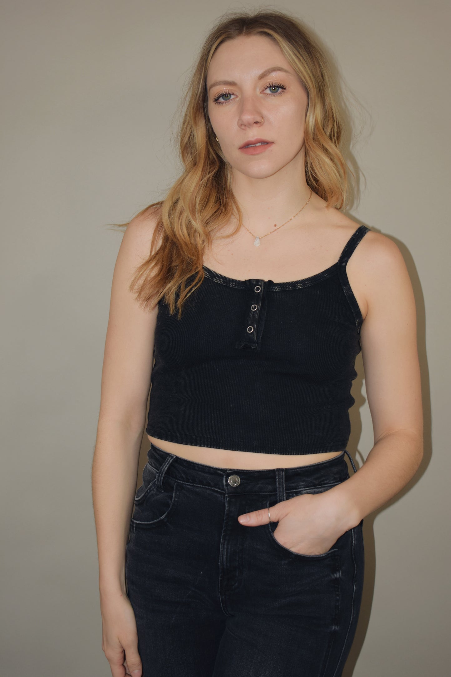 scoop spaghetti strap cropped cami tank with skinny snap placket on front fitted and stretchy semi acid wash