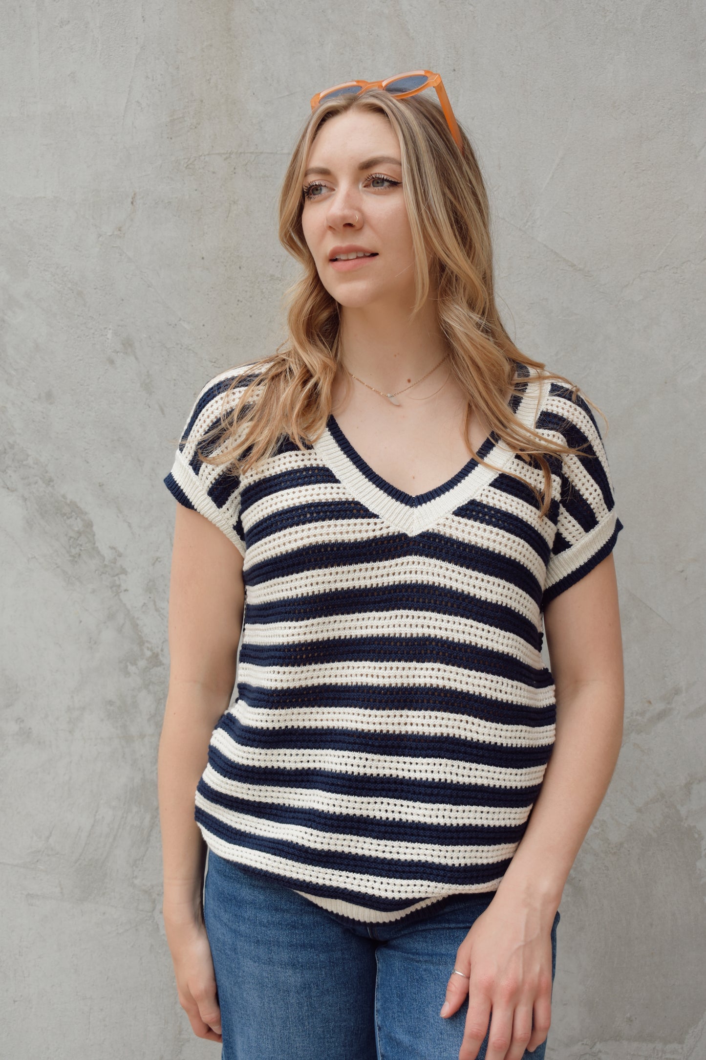 short sleeve v neck crochet sweater top with horizontal stripes, full length relaxed fit, breathable