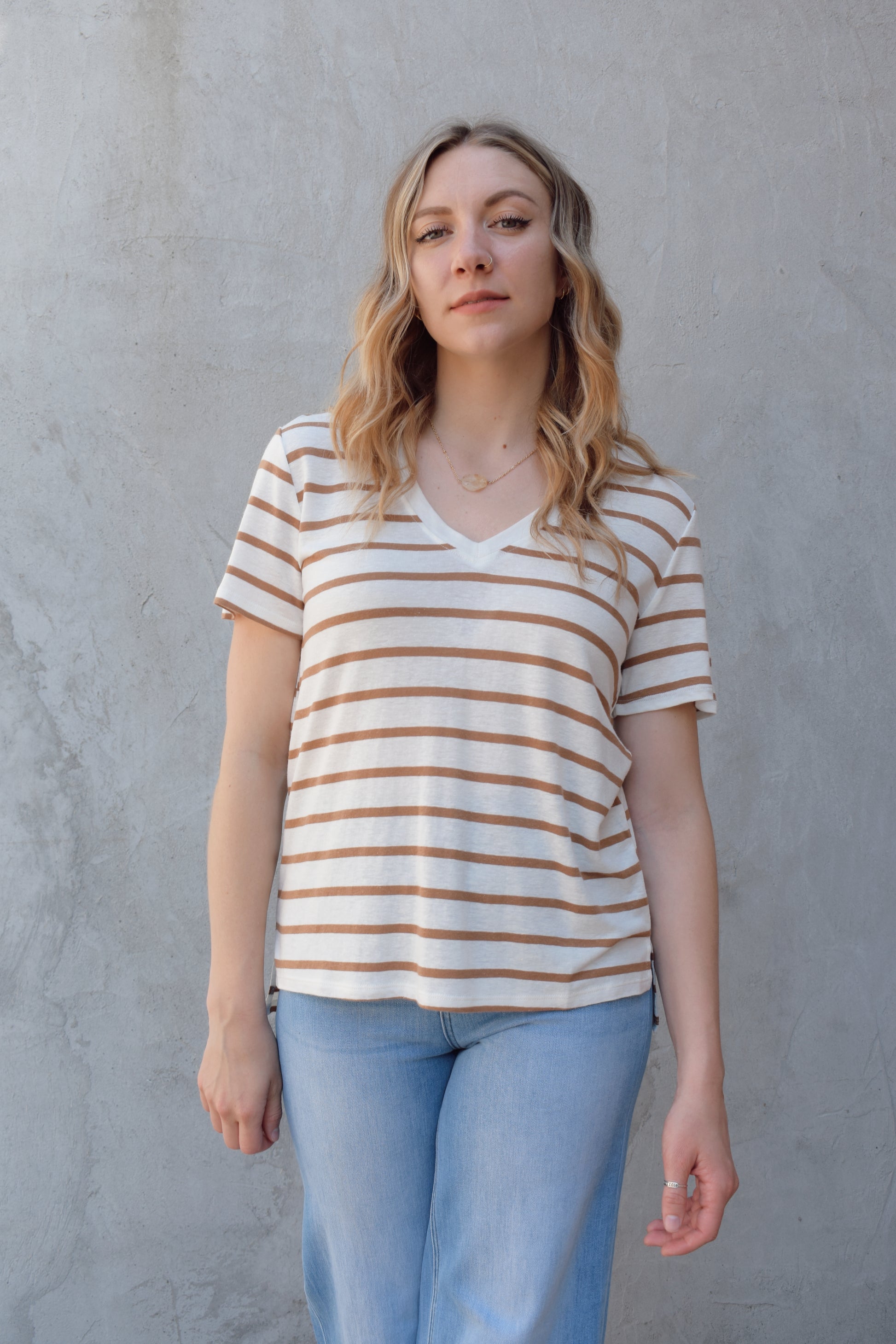 v neck short sleeve relaxed tee full length with slight high low effect with small slit on sides, horizontal stripes