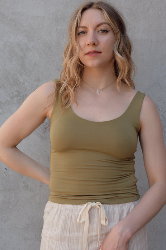 double layered super soft tank top full length fitted scoop neck and scoop back staple piece