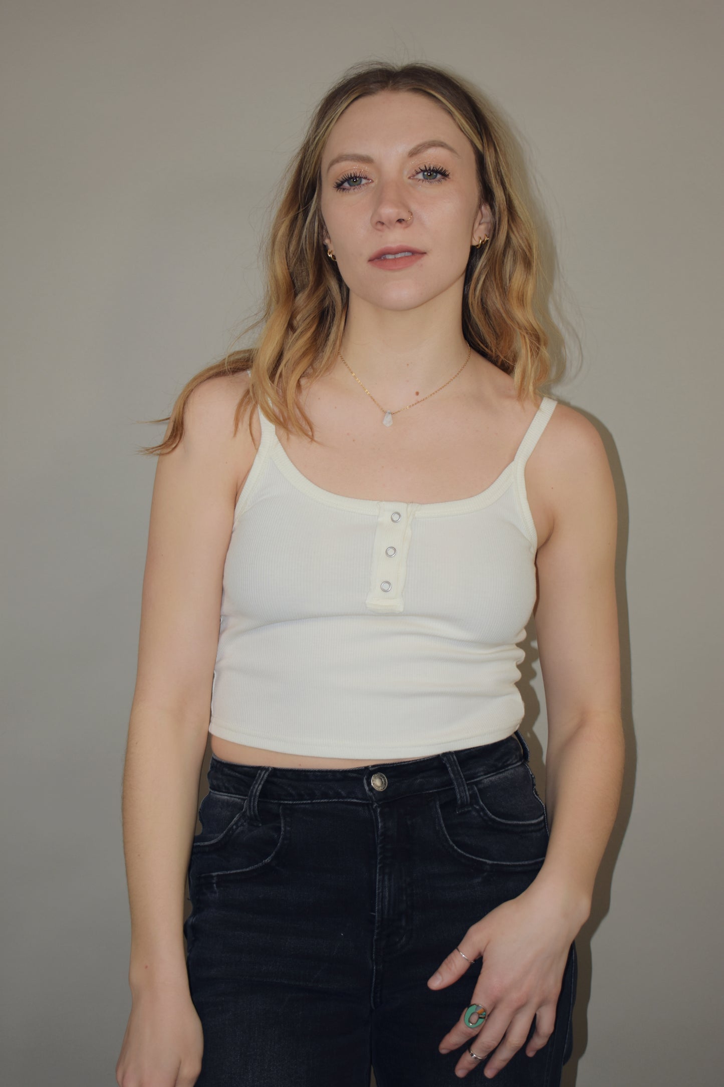scoop spaghetti strap cropped cami tank with skinny snap placket on front fitted and stretchy semi acid wash