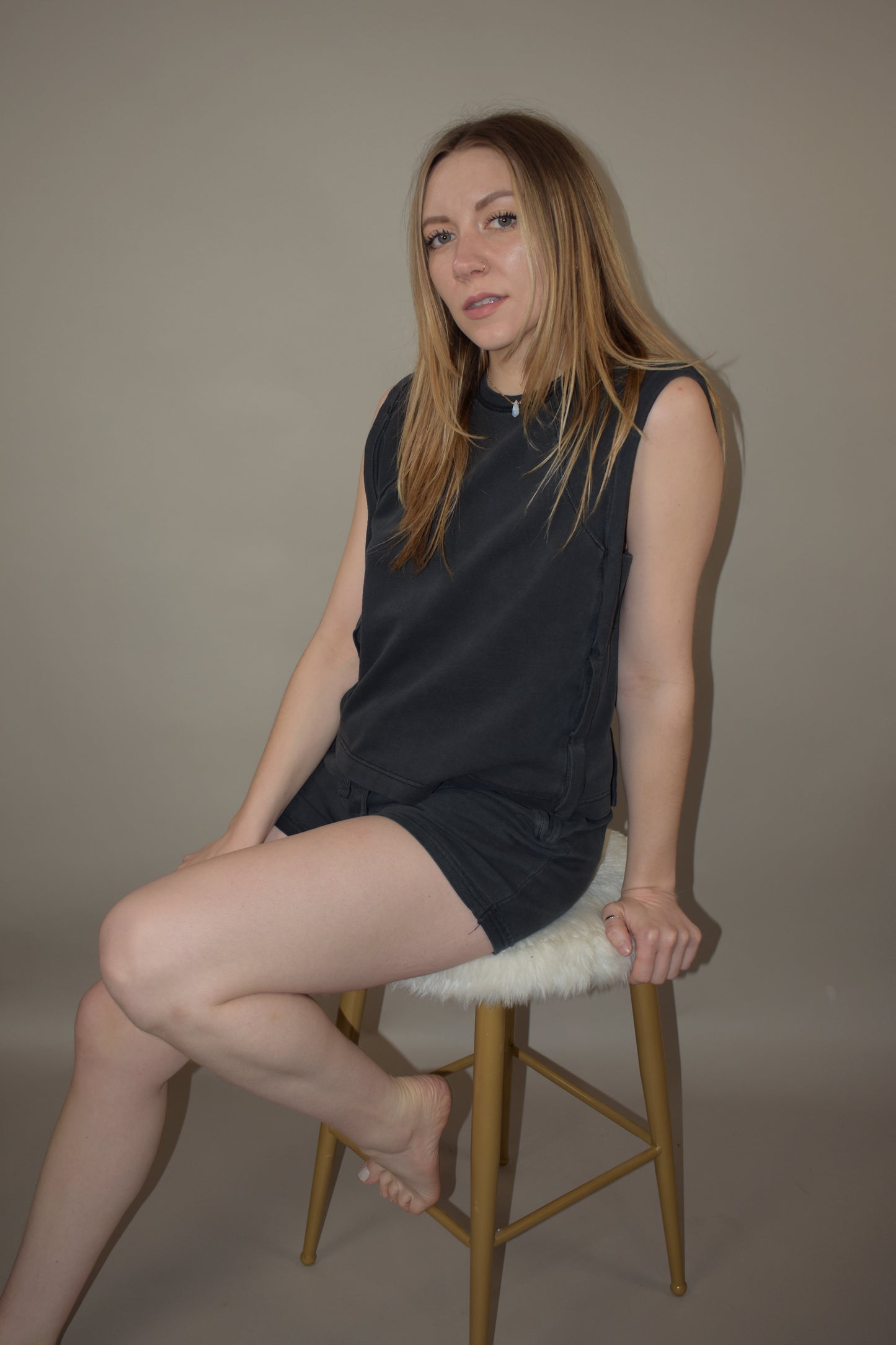 boxy seamed tank with side panel detail cotton fabric crewneck full length straight fit