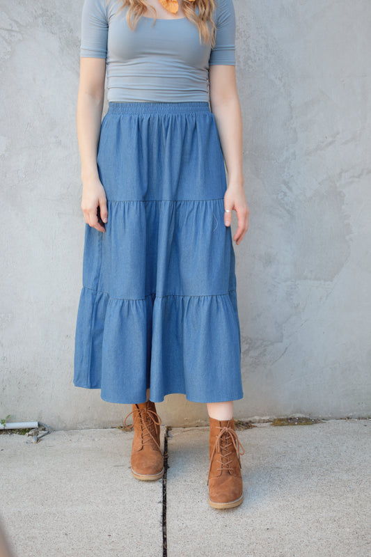 tiered denim skirt