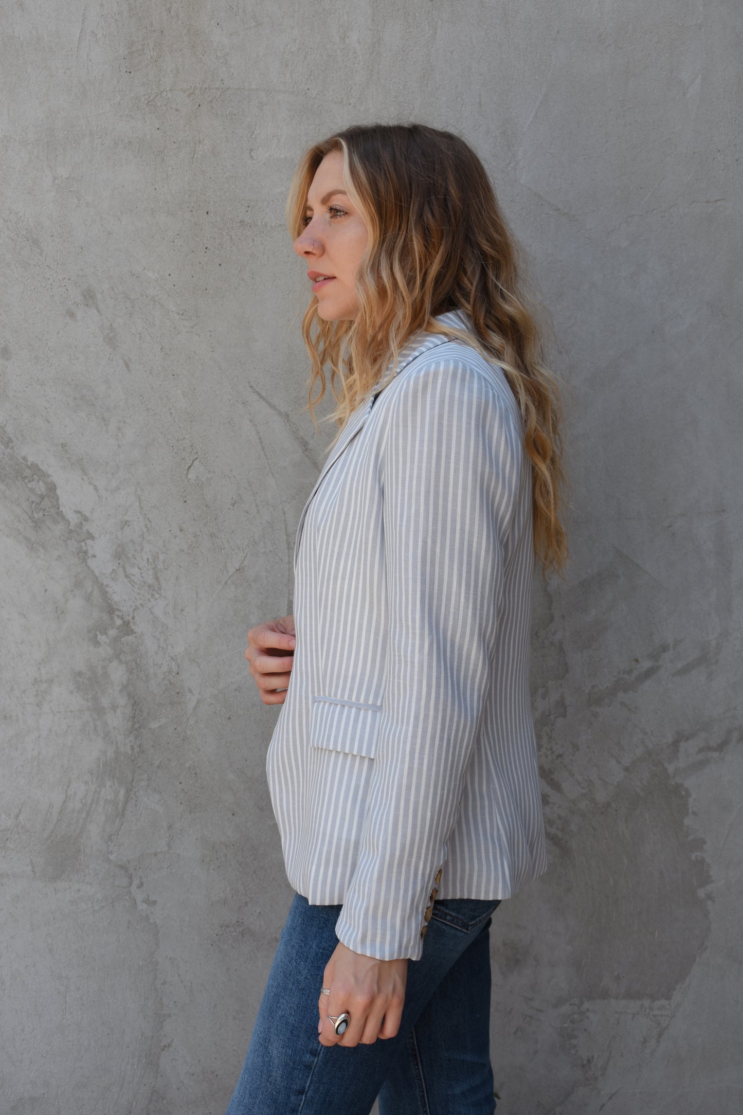 striped single button blazer
