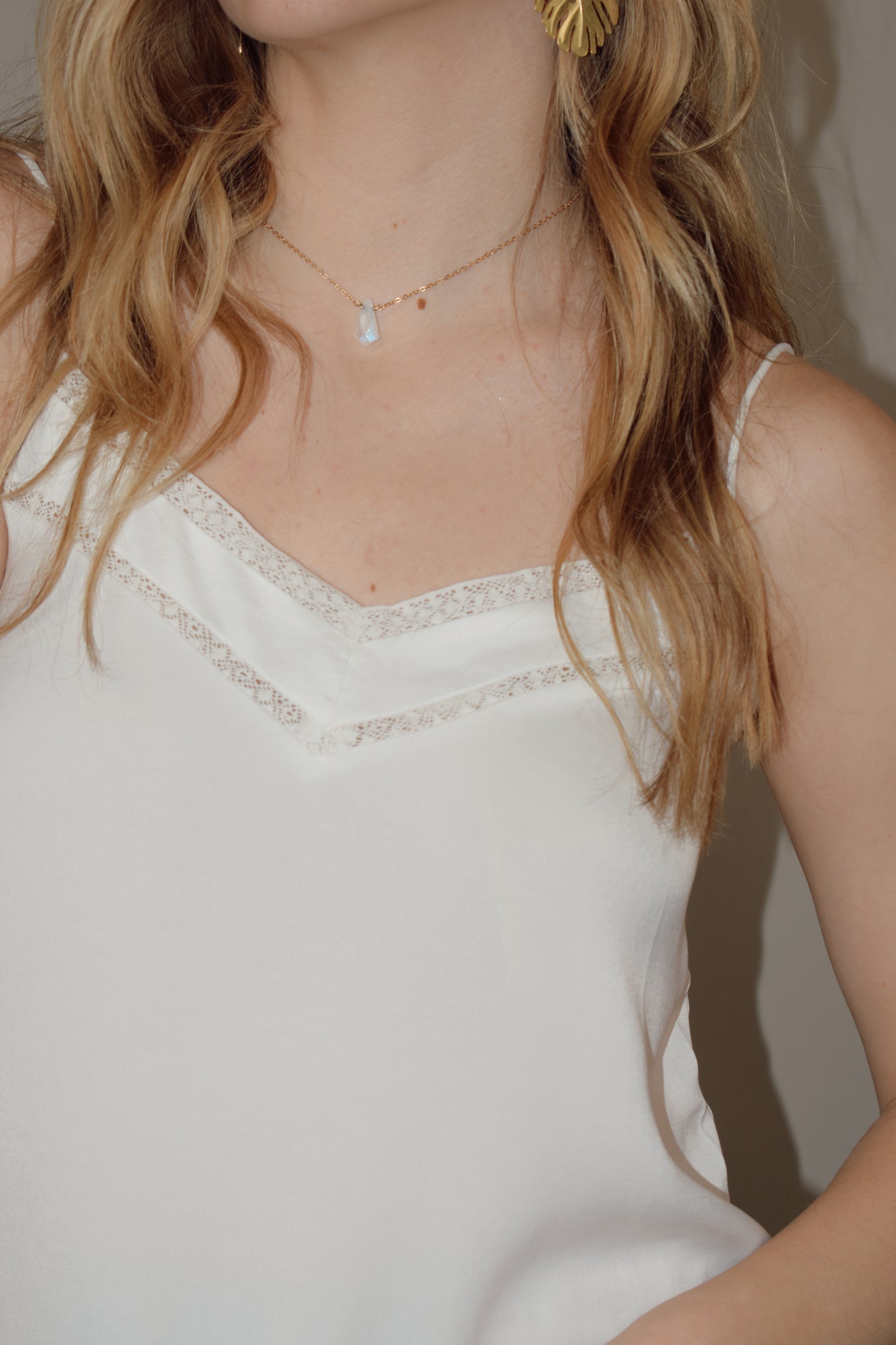 spaghetti strap satin cami full length straight fit with double lace trim along neckline