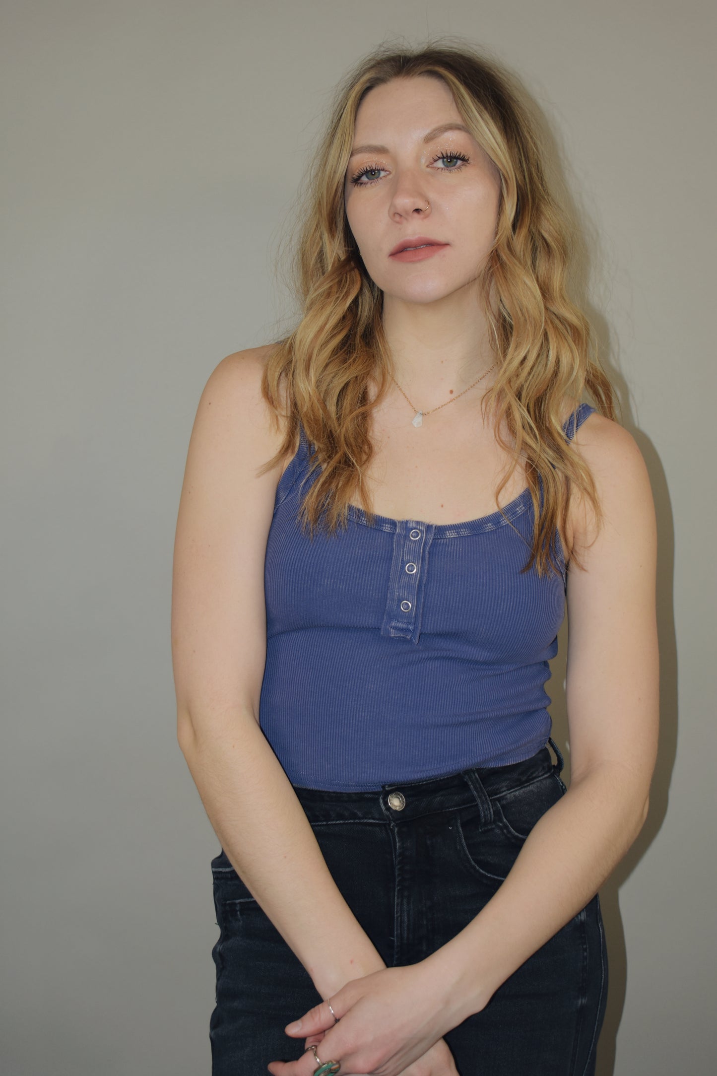 scoop spaghetti strap cropped cami tank with skinny snap placket on front fitted and stretchy semi acid wash