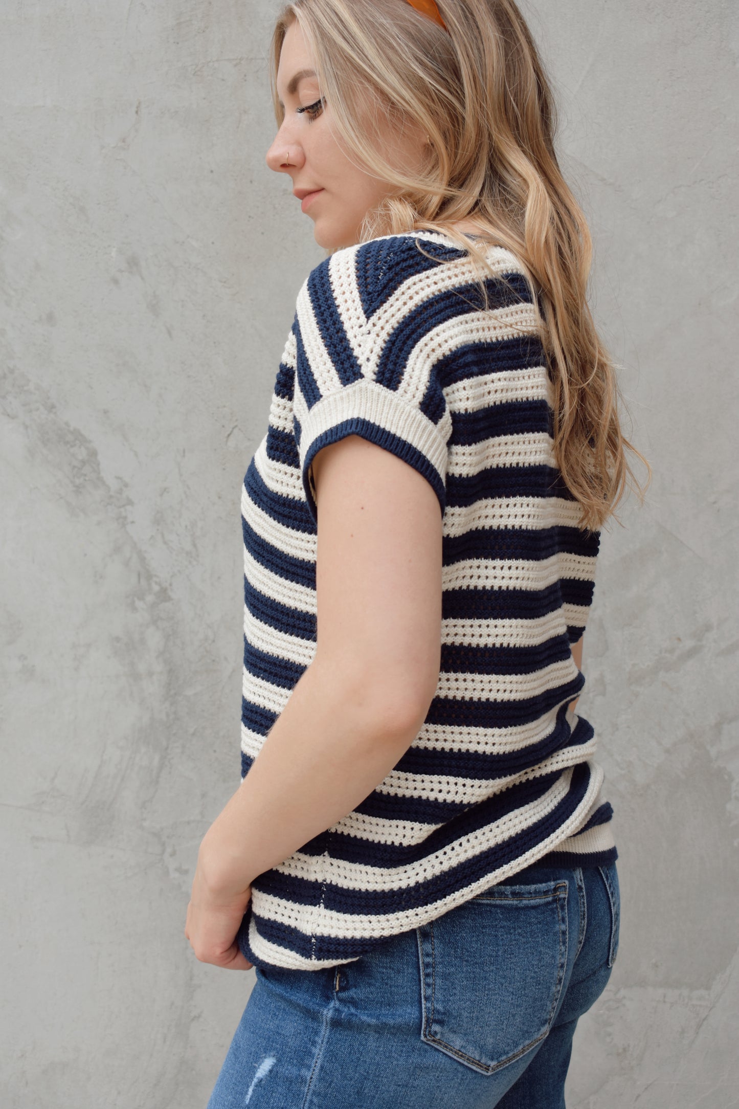 short sleeve v neck crochet sweater top with horizontal stripes, full length relaxed fit, breathable