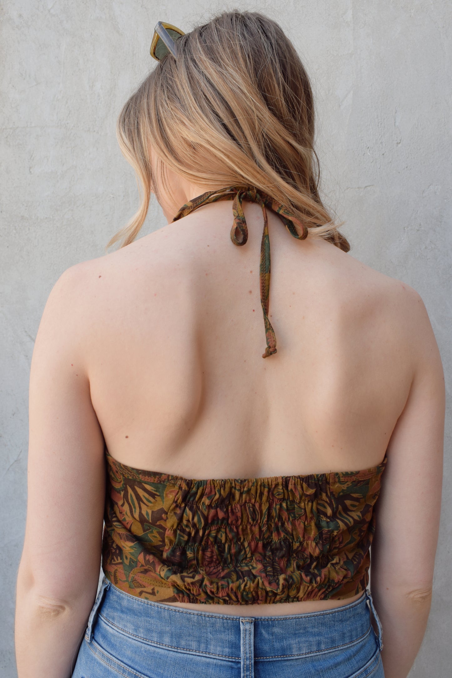 retro paisley halter tie tank top cropped with stretch rushing panel on back