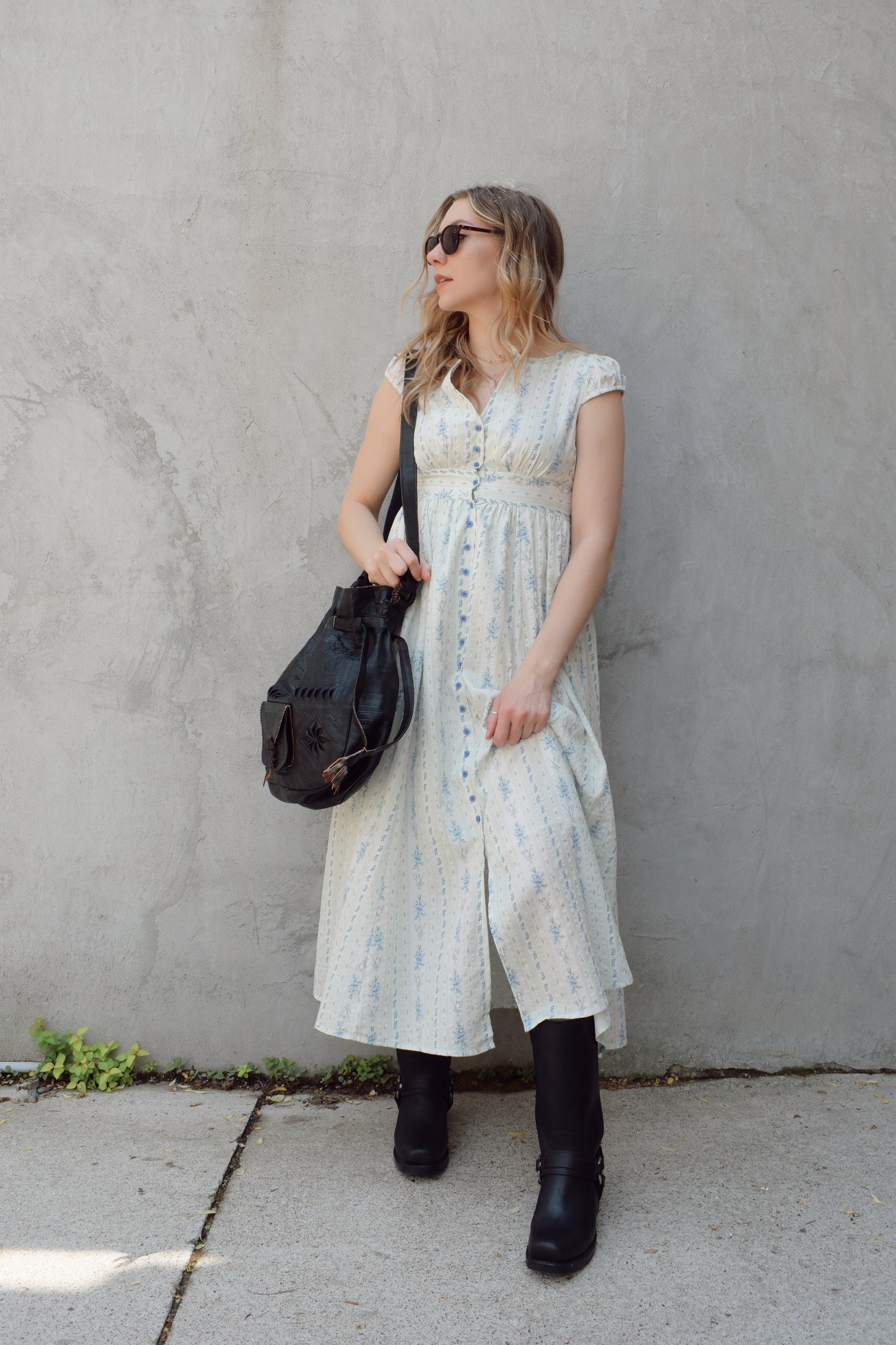 cap sleeve midi dress with ditsy floral pattern and blue buttons down the front until hitting a slit in front hem, fitted waist with smocked band in back, v neck, twirly