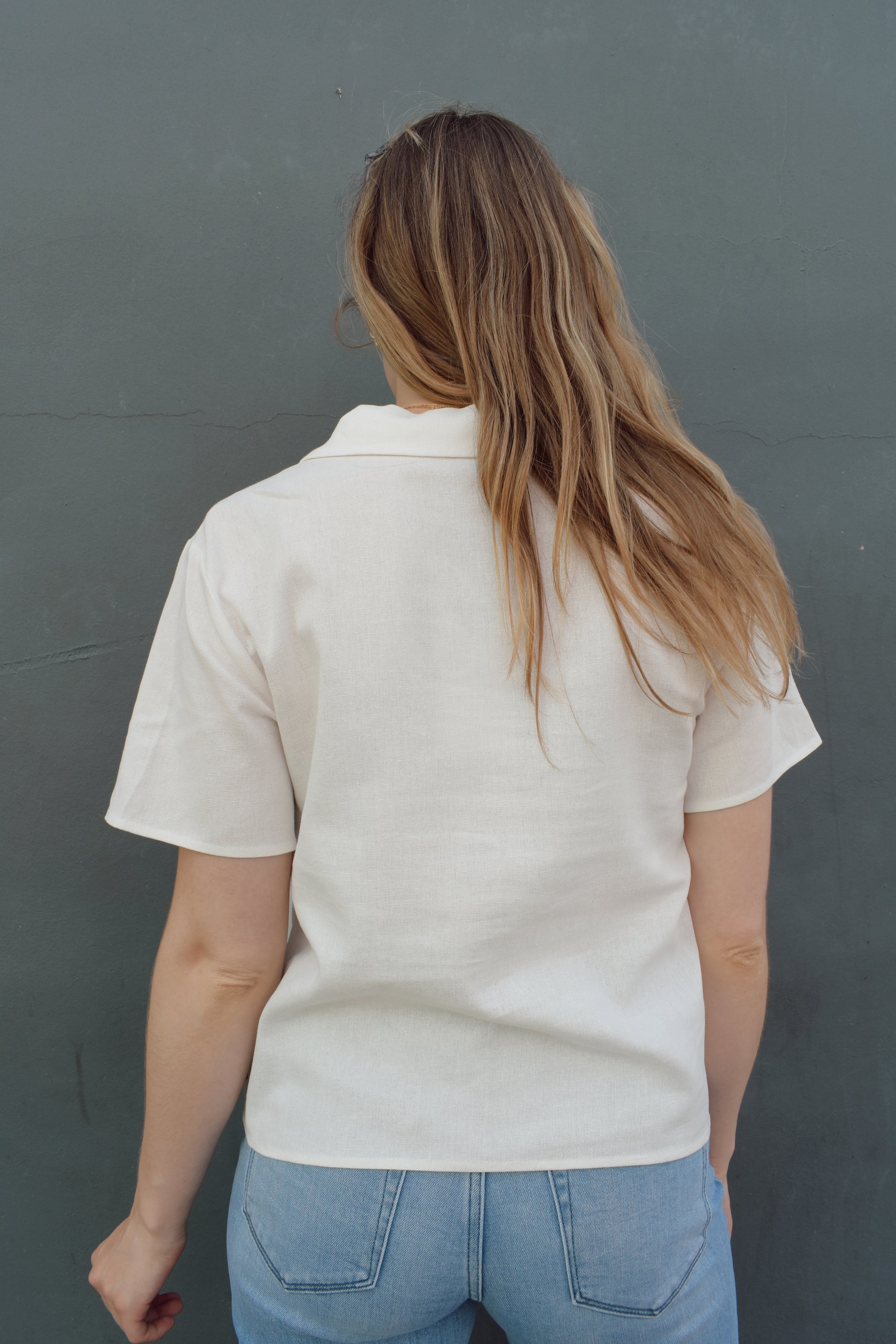 short sleeve off white button down with light maroon printed vintage rose design on front bodice, v neck, relaxed fit