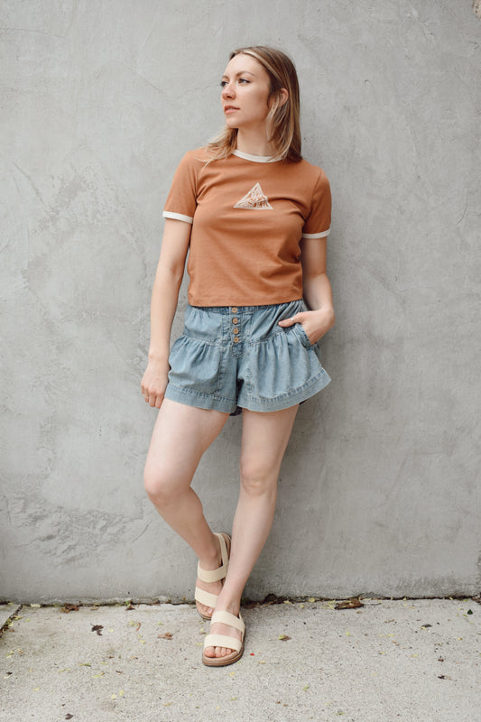 gathered denim shorts
