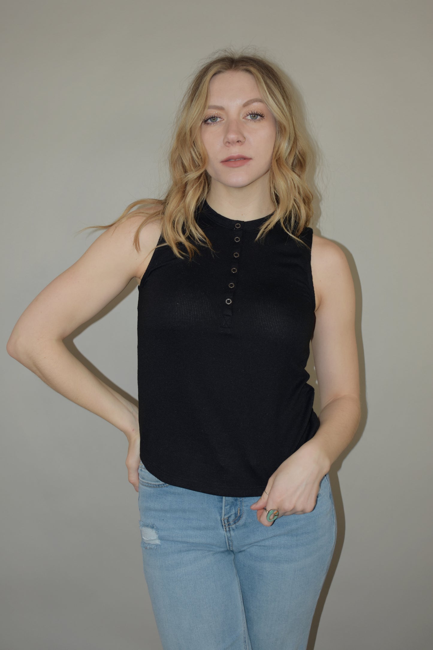 straight fit ribbed henley tank high neck scoop hem 6 buttons basic lightweight