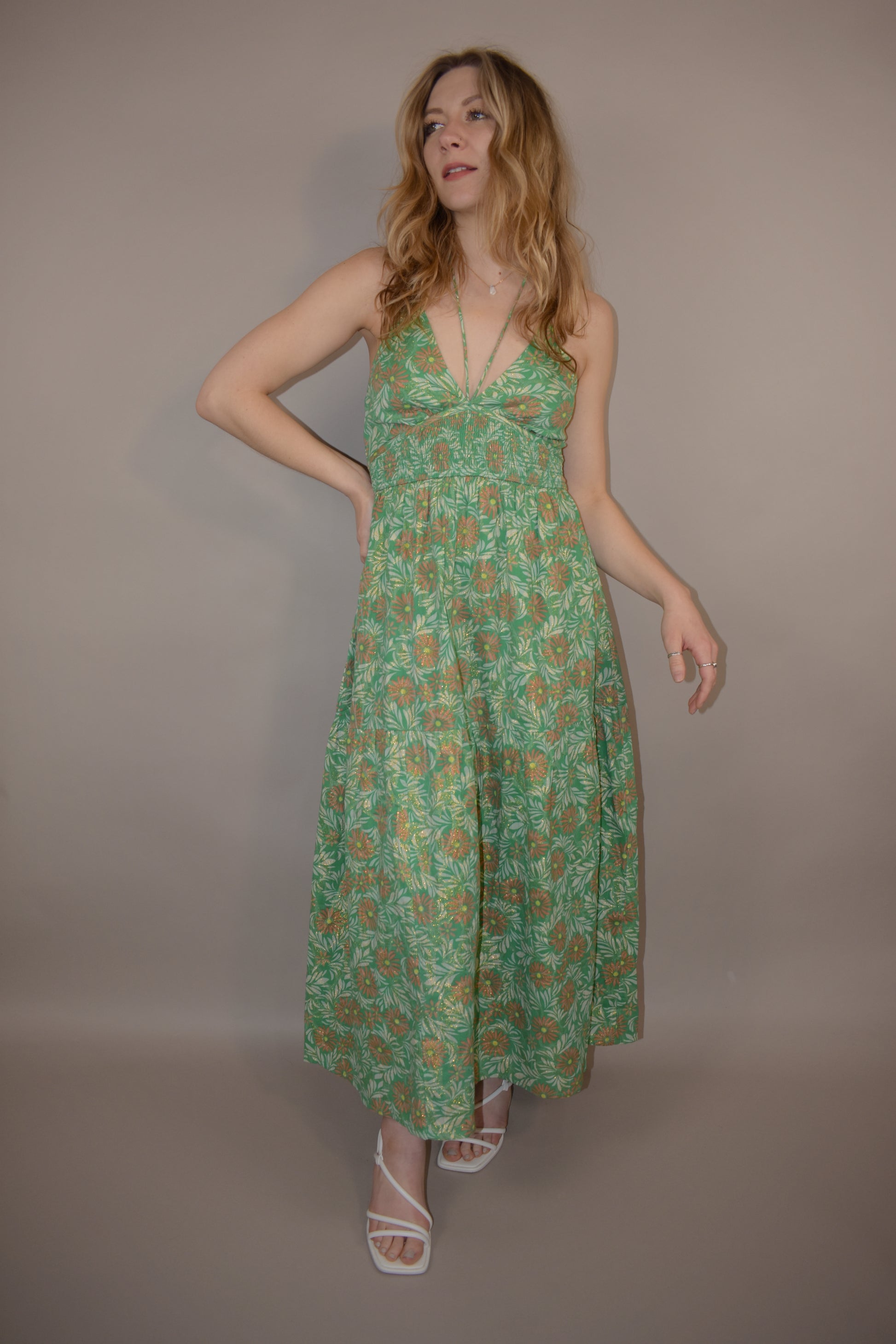 floral halter maxi dress with double v and smocked bodice gold thread tiered skirt event dress
