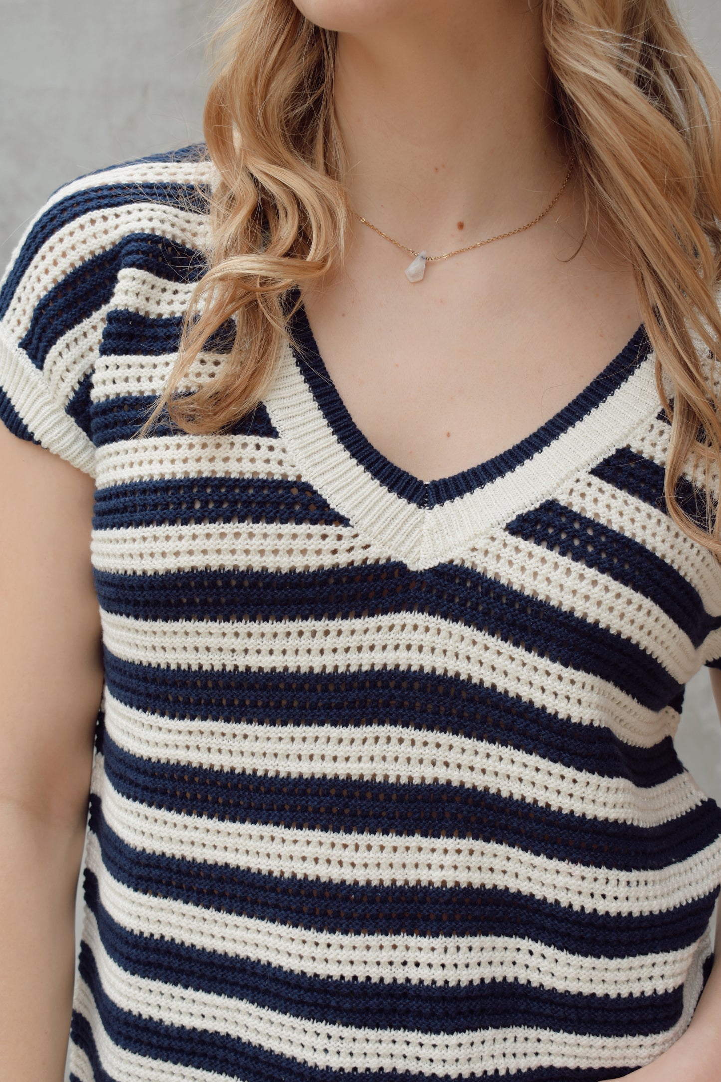 short sleeve v neck crochet sweater top with horizontal stripes, full length relaxed fit, breathable