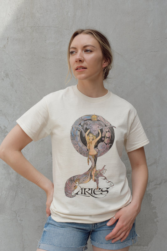 1970s vintage art style zodiac sign unisex t-shirts 100% ring-spun organic cotton with off white speckles in fabric