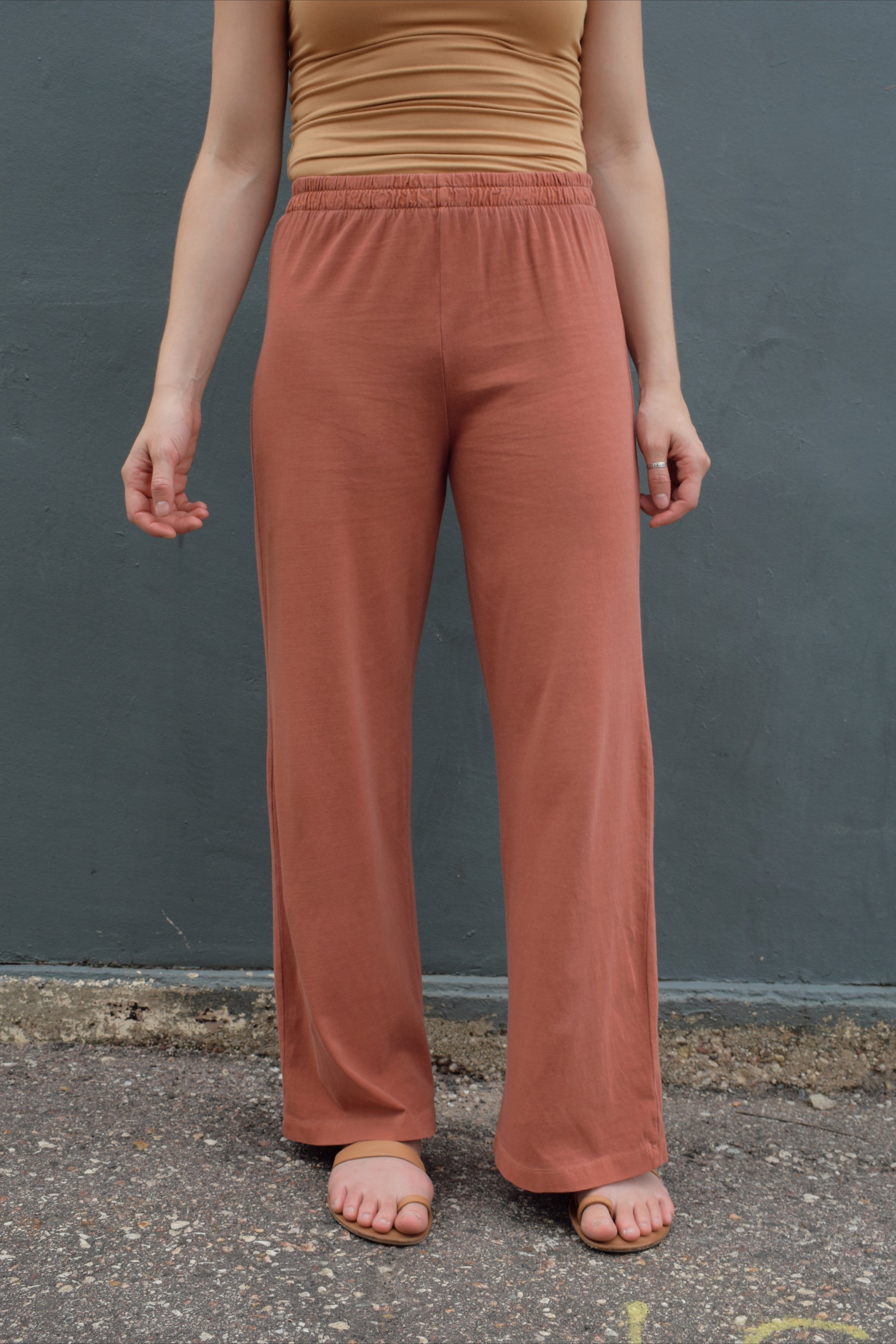 wide leg lounge pants high waist elastic waistband no pockets full length rust color