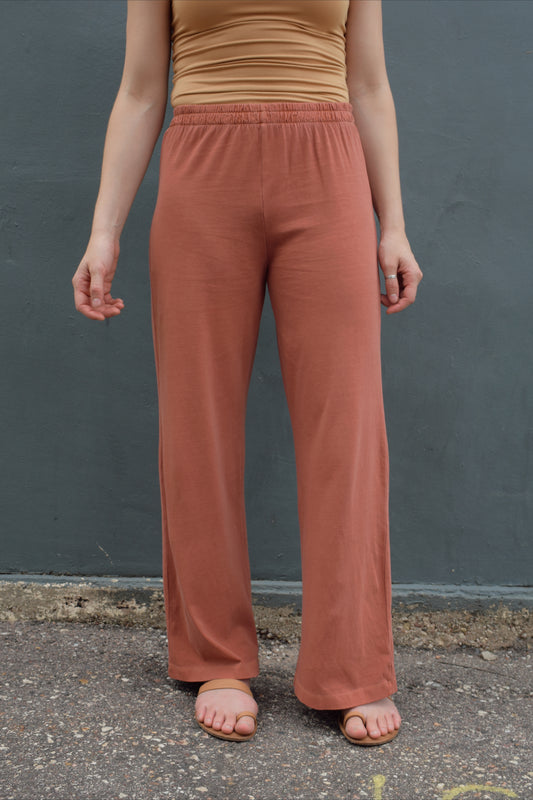 wide leg lounge pants high waist elastic waistband no pockets full length rust color